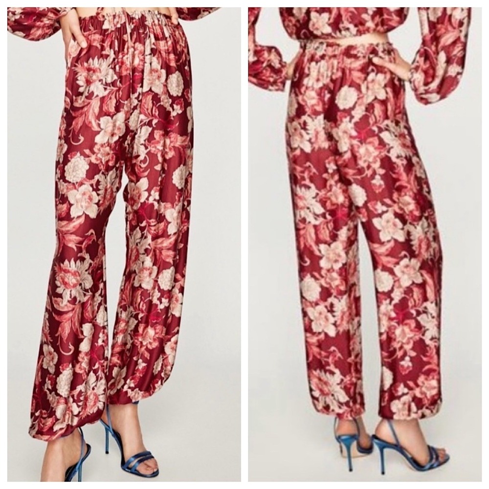 Zara Pull On Jogger Pants Women‎ Sz L Burgundy Floral Elastic Waist Boho